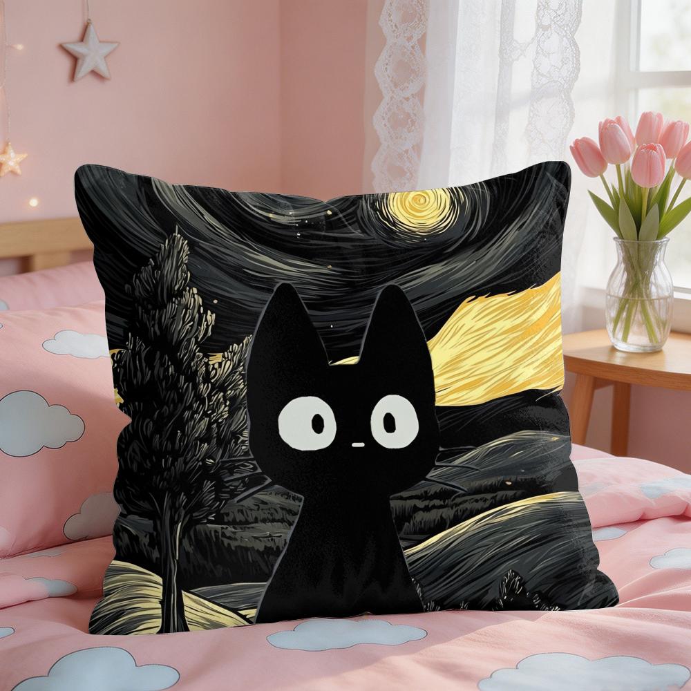 Van Gogh Starry Night Cat Cushion Cover Square Short Plush Pillow Case Living Room Sofa Home Decor Funda X