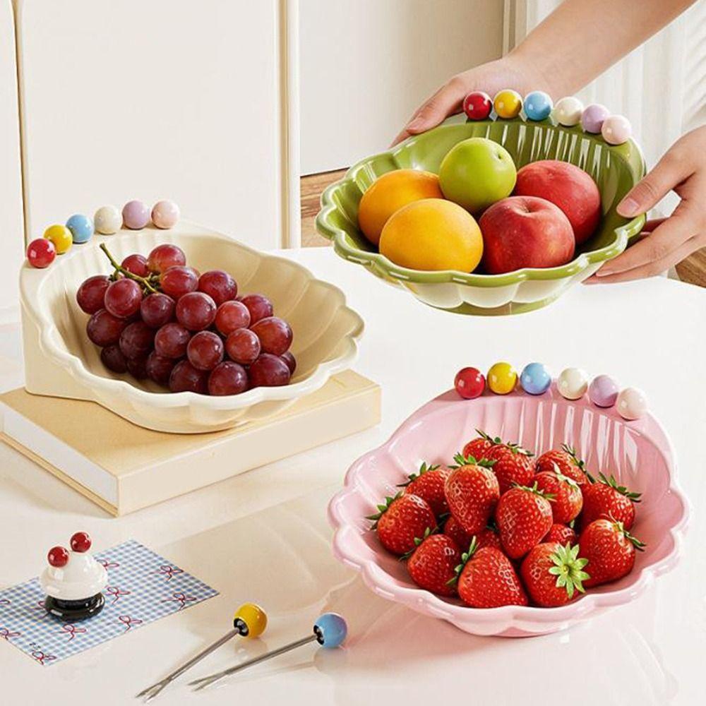 Shell Shape Fruit Bowl with Fork Plastic Integrated Fruit Basin Fruit Serving Plate for Kitchen