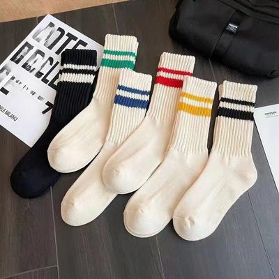Striped Two-bar Socks, Women's Mid-calf Socks, Autumn and Winter Trend, Solid Color, College Style, Pile Socks, Sports and Casual Women's Socks