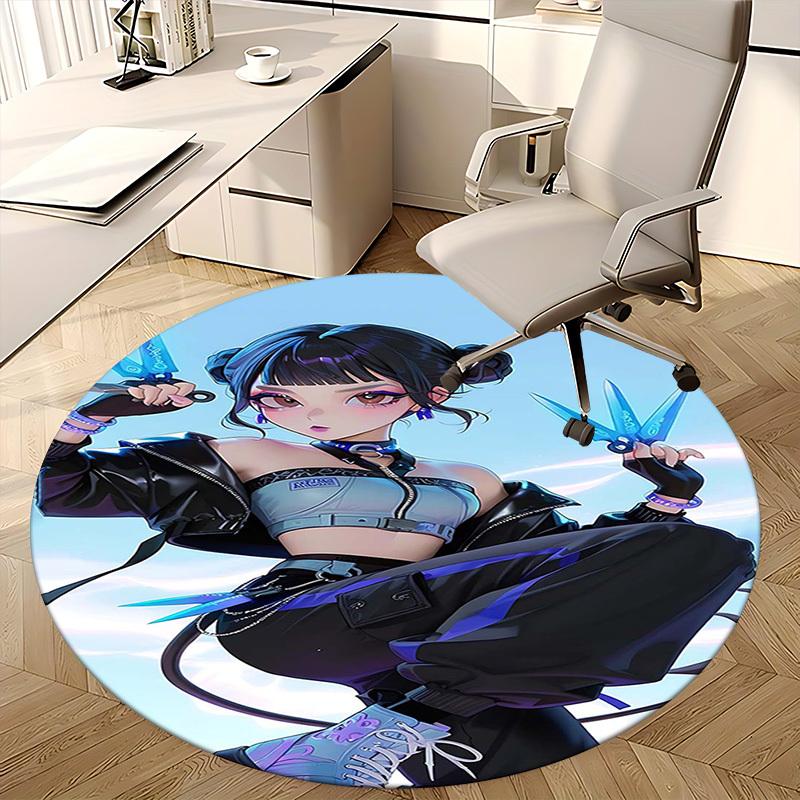 1pc Anime Design Round Carpet - Office Chair Mat with Blue Scissors Print, Suitable for Home Decor, Gaming Room