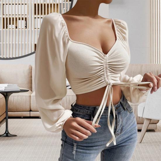 Anti-pilling Crop Top Pure Colours Sexy svetr s lucernou s čtvercovým límečkem a dlouhým rukávem