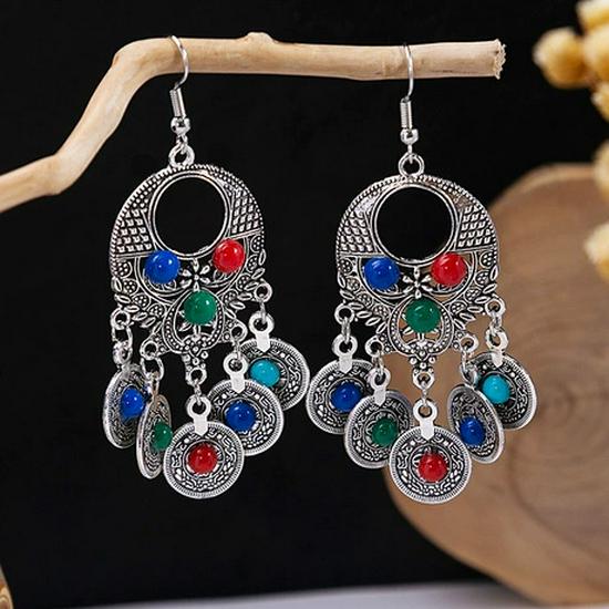 Peacock Tassel Earrings with Hollow Leaf Design in Retro Ethnic Style Imitation Silver for Women