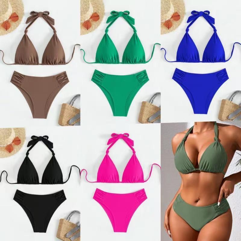 New Two-Piece Ladies Bikini - European/American Style with Splicing and 26 Contrasting Solid Colors, Available In Coffee for Men