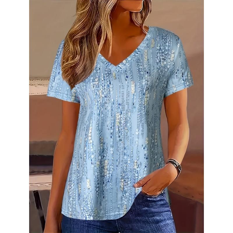 Spring and summer popular all-over printed V-neck T-shirt for women, loose slimming casual short-sleeved top, versatile and trendy
