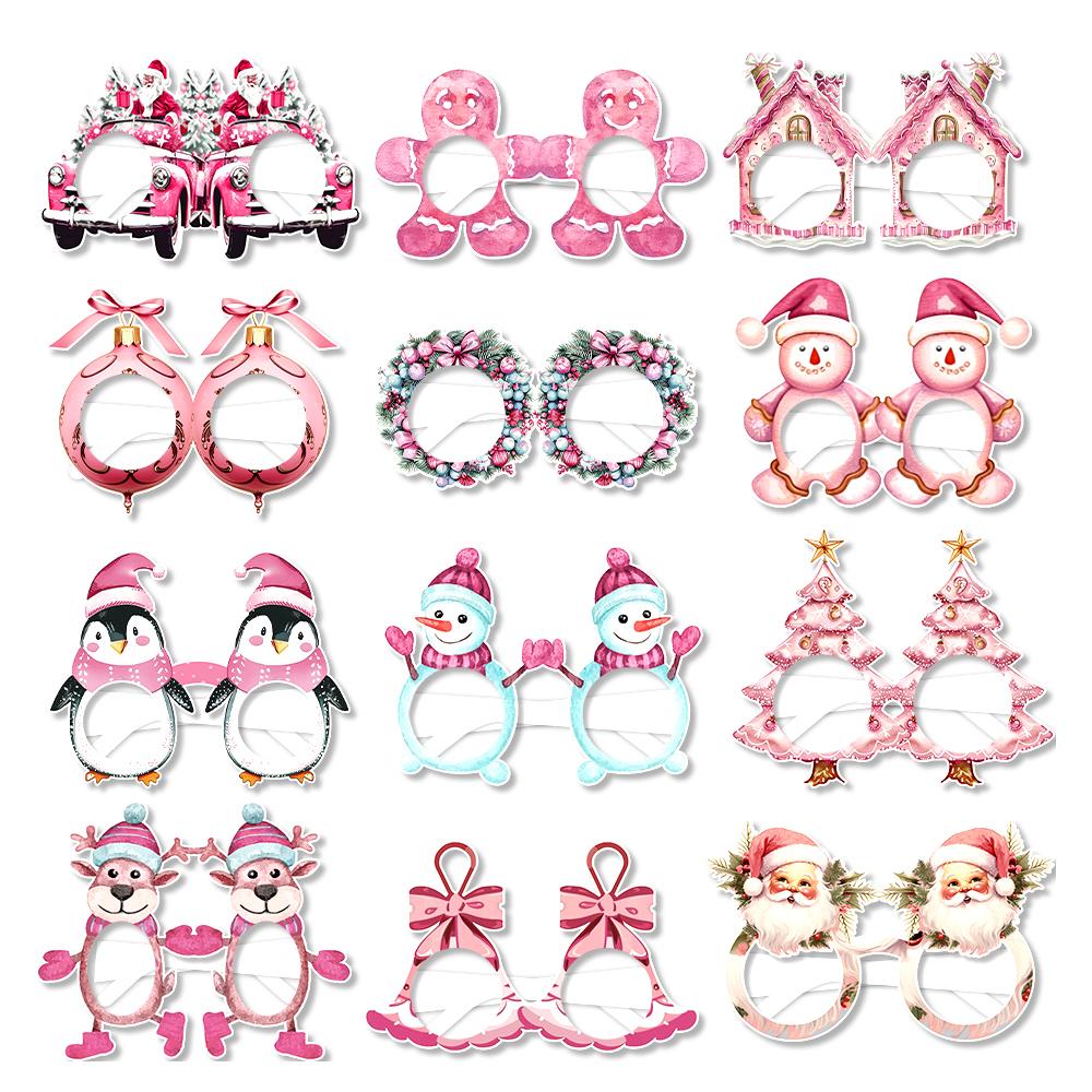12pcs Pink Christmas Paper Glasses Snowman Penguin Reindeer Bell Santa Claus Paper Glasses Frame Christmas Photo Props Kid Gift
