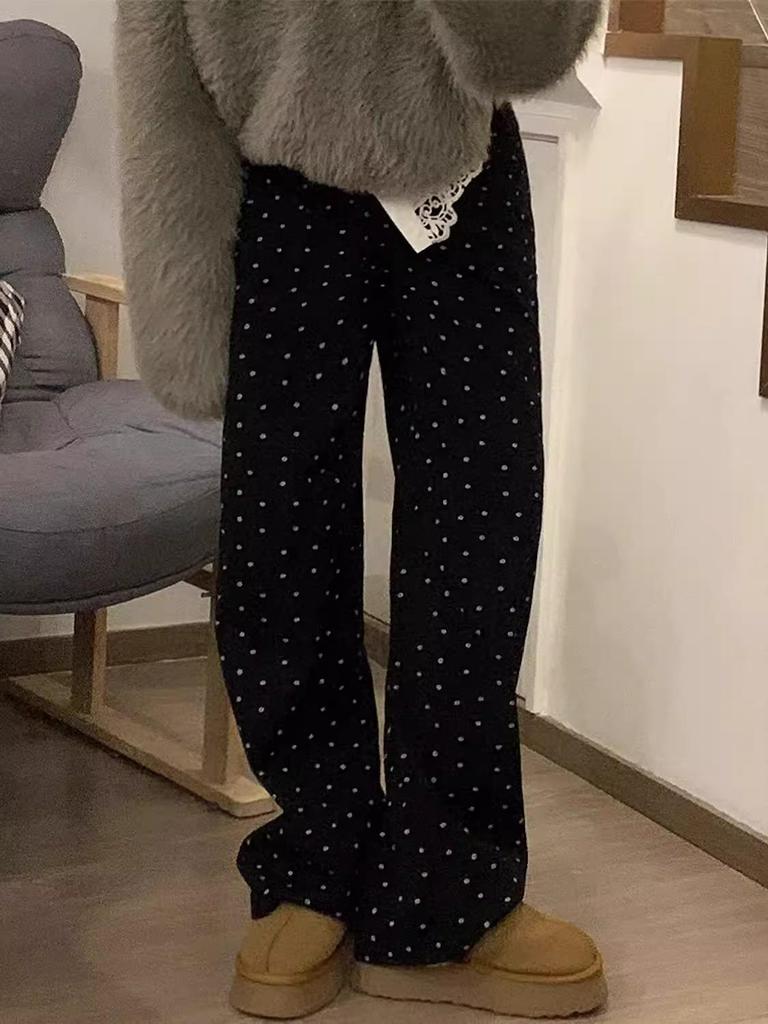 Plus Size Retro Polka Dot High Waist Wide Leg Jeans for Women - Slimming Floral Design, Spring/Autumn