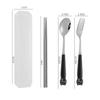 Cute Cartoon Travel Tableware with Case Portable Utensils Cutlery Set Reusable Flatware Silverware Include Fork Spoon with Case
