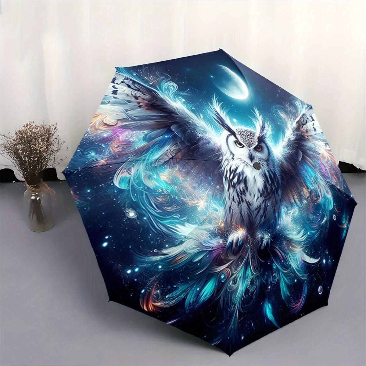 

Automatic Open/Close Umbrella with One-Touch Button - Elegant Owl & Cosmic Night Sky Design, Compact Travel Umbrella with 8-Ri (as the picture,Iron&8K)