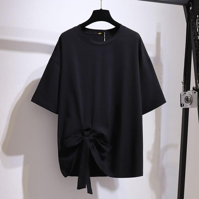 

Женская футболка большого размера со шнуровкой и бантом - Летний приталенный повседневный топ 2024 4XL