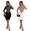 Solid Color Mesh Long Sleeve Mini Dress with Hot Drill Details