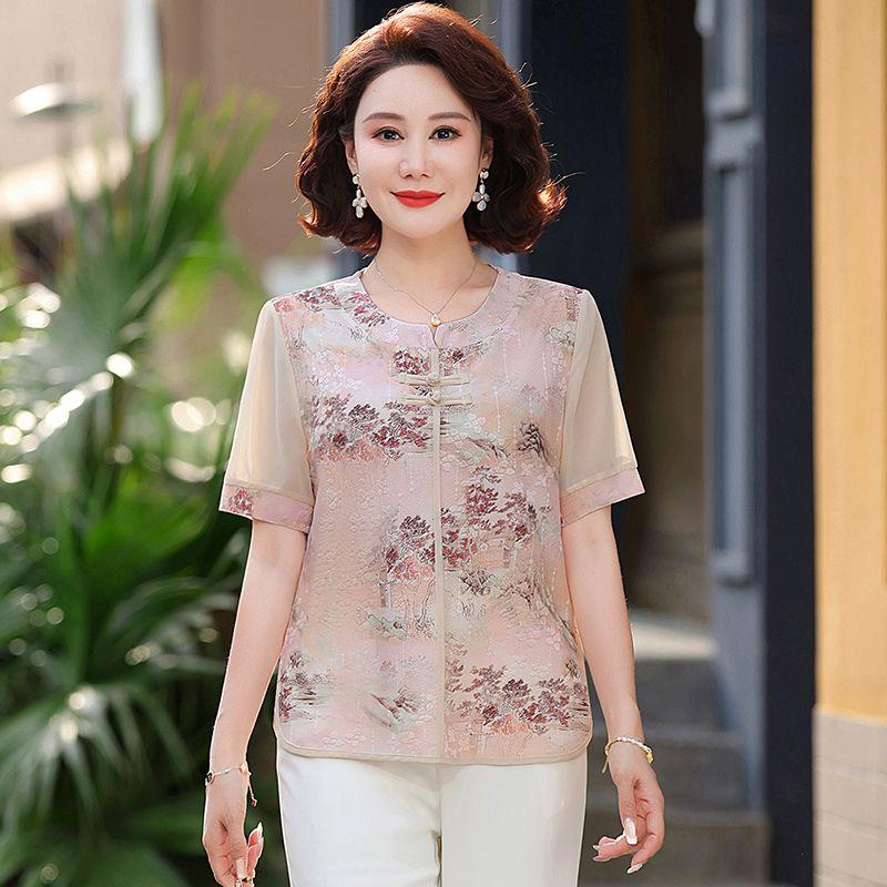 Dámský nový styl sešívaný kulatý výstřih knoflíkový potisk módní volný ležérní všestranný top s krátkým rukávem