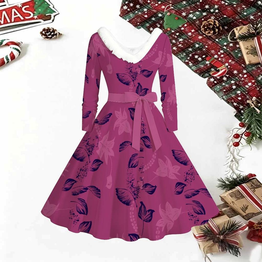 Women Floral Print Midi Dress, Long Sleeve V‑Neck Furry Trim A‑Line Party Dress, Christmas Limited Edition