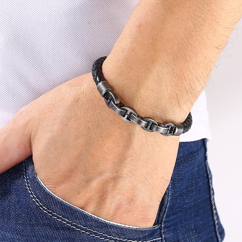 Men's Handmade Leather Bracelet with Stainless Steel Snap Button
