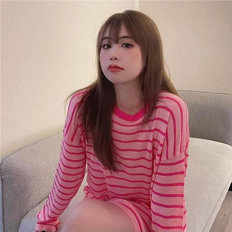 Sun Protection Clothes for Girls New Style Loose Summer Thin Anti-UV Ice Silk Striped Long-sleeved T-shirt Trendy