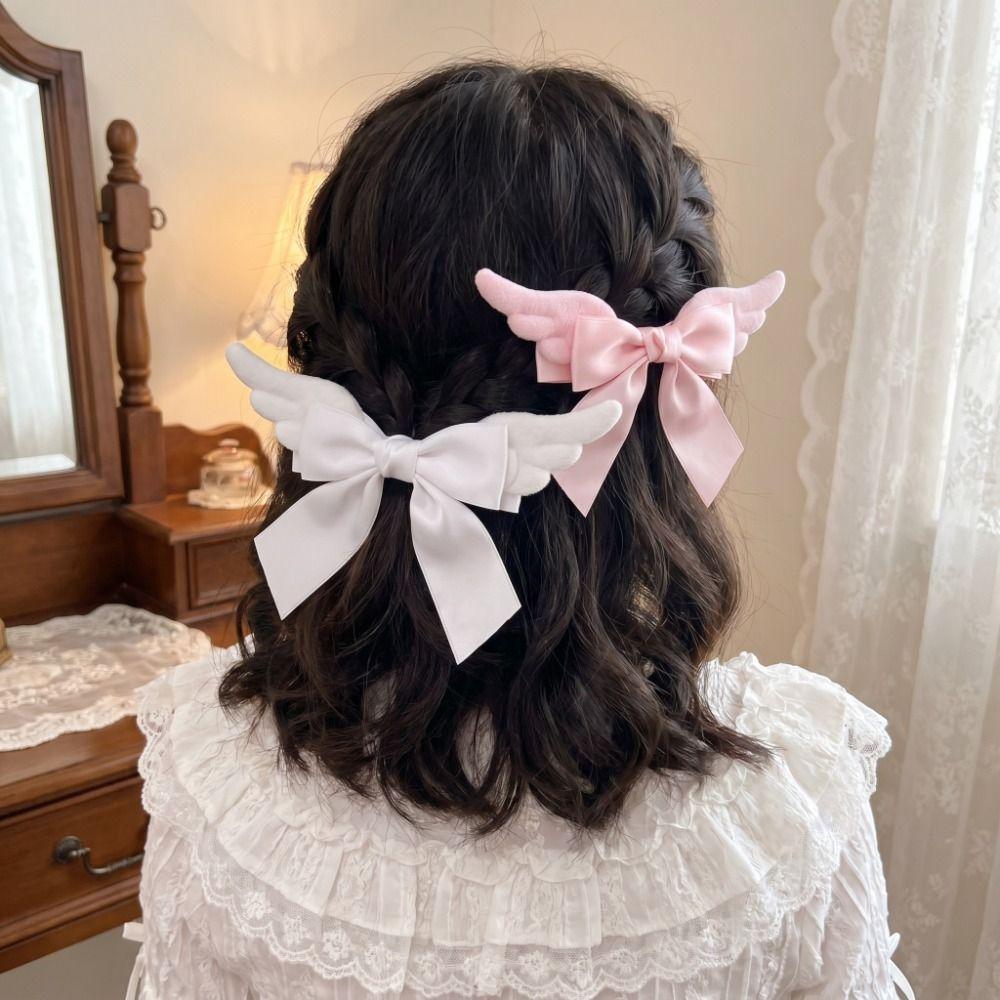 Y2K Angel Wing Hair Clip Creative Cute Duckbill Clip Fashion Satin Bow Hairpin Daily