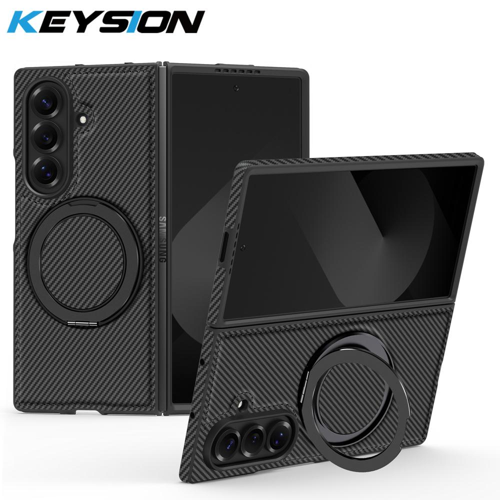 KEYSION Kevlar Carbon Fiber Texture Case for MagSafe for Samsung Galaxy Z Fold 7 6 5 4 3 360° Rotating Magnetic Ring Stand Phone Cover