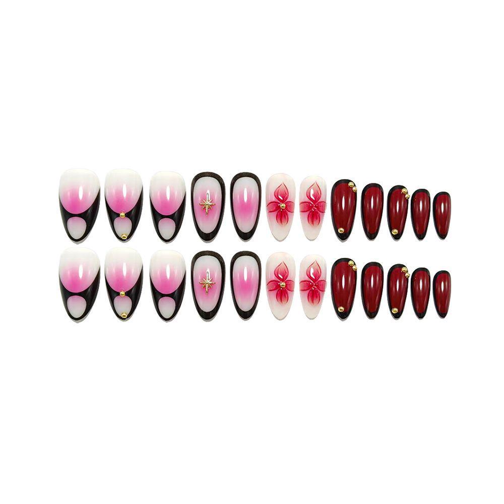 High-End Gold Beaded Almond-Shaped Floral Nail Art Stickers - French Edge, 24-Piece Velvet False Nails Set