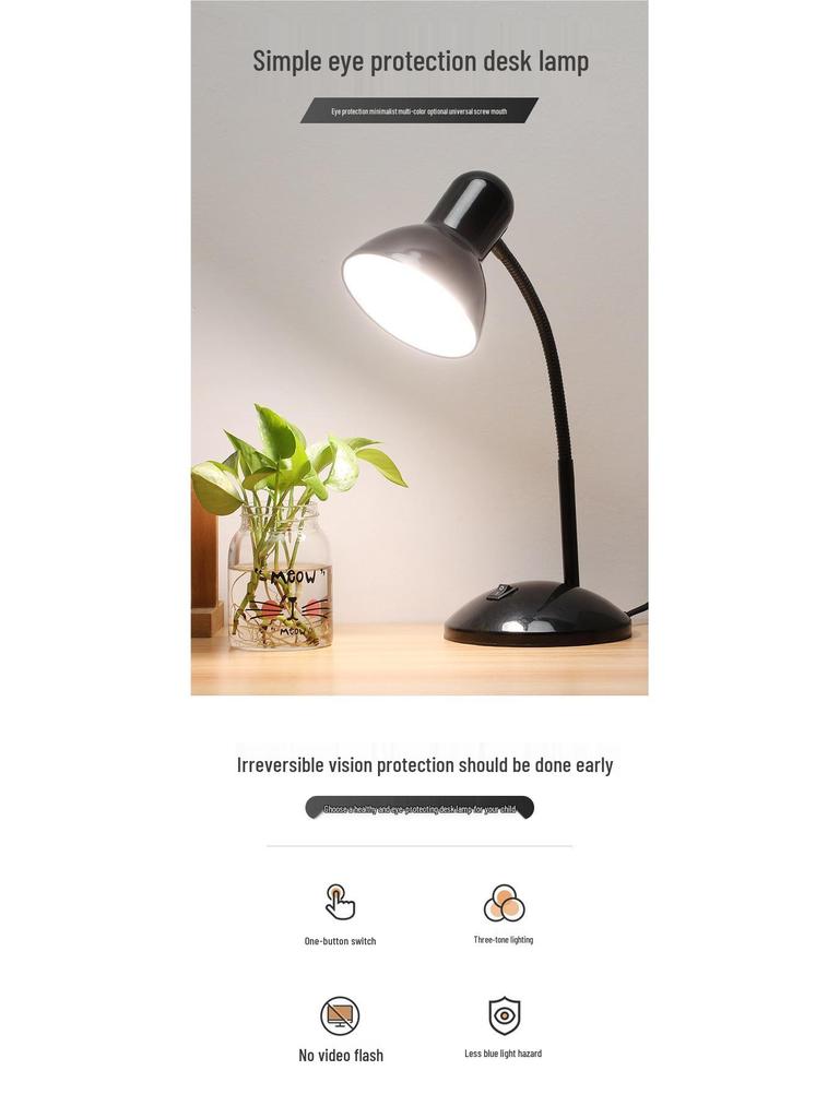 Eye-Care LED Desk Lamp: Minimalist Plug-In for Study, Dorm, or Office
