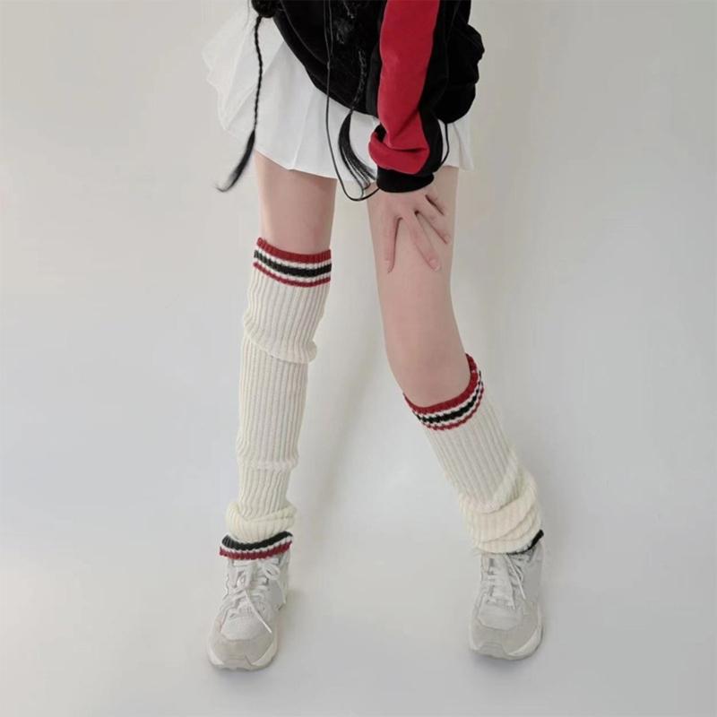 Student Vintage Double Striped Ribbed Knit Leg Warmers Slouch Leg Covers Boot Cuffs Stretchy Long Boot Socks for Women