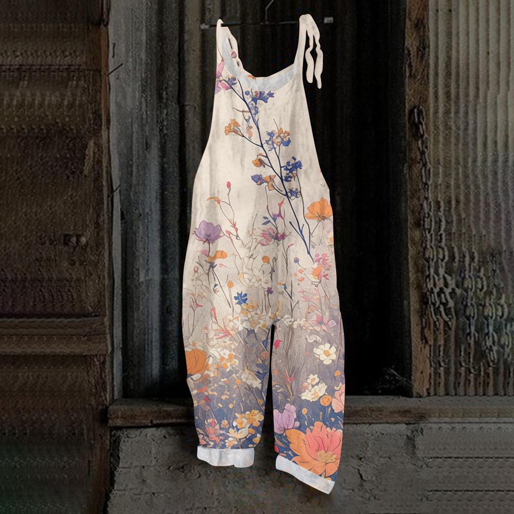 Women's Retro Printed Casual Loose, Retro Overalls Cotton And Linen One,piece Pants