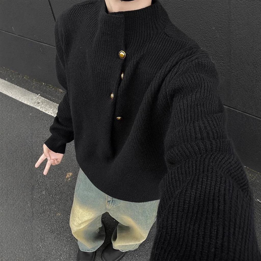 Men's Korean Style High Neck Sweater with Irregular Button Design – Trendy Oversized Knitwear