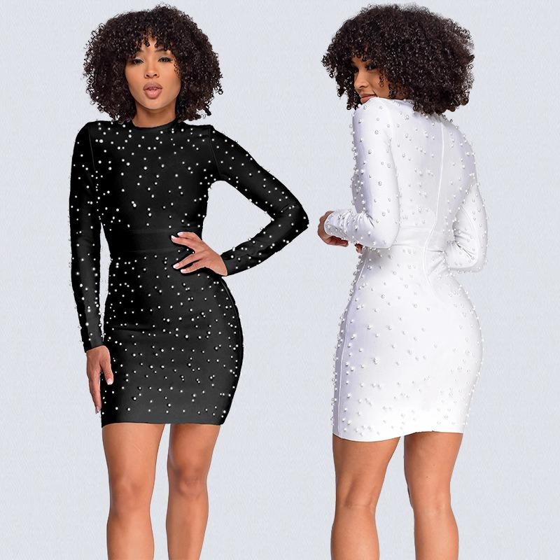 Women's Long-sleeved Slim Short Dress Outside The Senior Sense of Light Luxury Round Neck Nail Bead Bag Buttock Dress