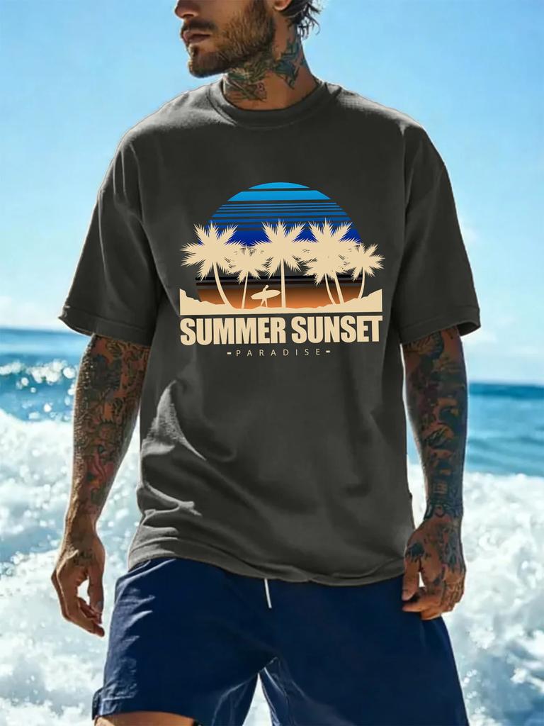 Retro Sunset Palm Surfboard Print Unisexs 100 Cotton Tshirt Summer Short Sleeve Crew Neck Loose Beach Vacation Surf Top