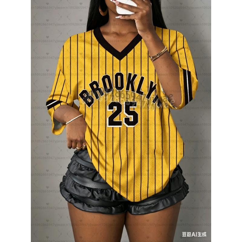 2026 Retro Striped Jerseys Women MEN Style Brooklyn No.25 Print T-Shirt Girl V Neck Outdoor Sports Plus-Size Beach Surf T-Shirt
