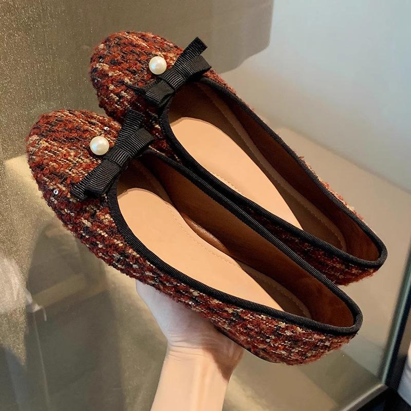 Grape mother single shoes flat bottom high sense external wear temperament small fragrant style not tired feet round head single shoes women's casual