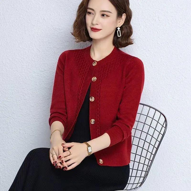 Stilig cardigan for kvinner høstklær elegant genserjakke løs rund hals strikket cardigan