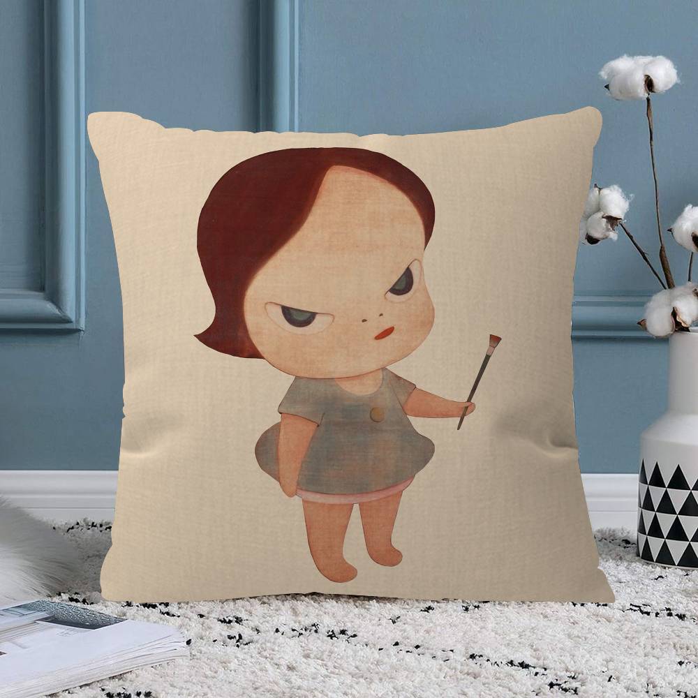 YYoshitomo Nara Art Lovely melancholy Pillow Sofa Decorative Home Doublesided Printing Short Plush Cute Cushion Cover