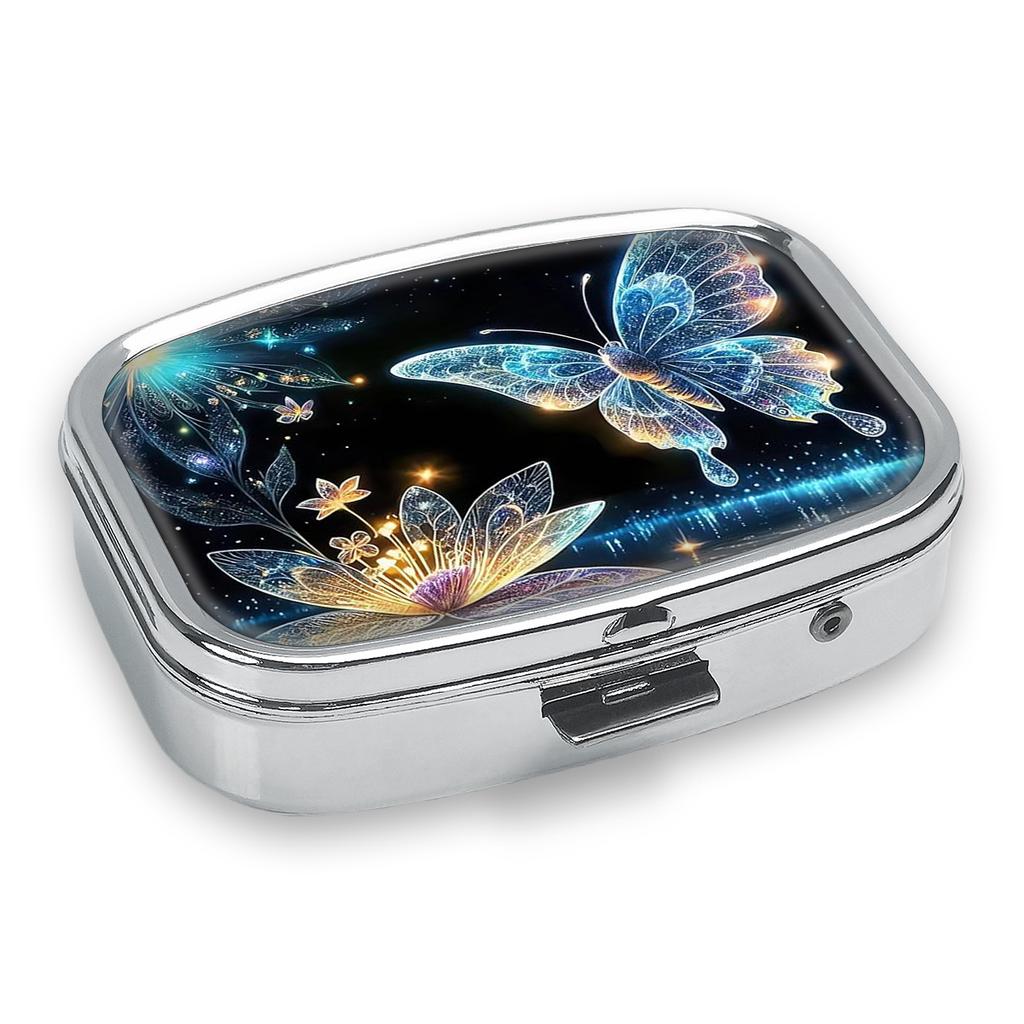 Tragbare Pillendose mit 2 Fächern, Mini-Metall-Medikamenten-Organizer-Etui, Niedlicher bedruckter Pillenbehälter für Vitamine, Pillen, Schmuck, Reisen, Tägliche Anwendung