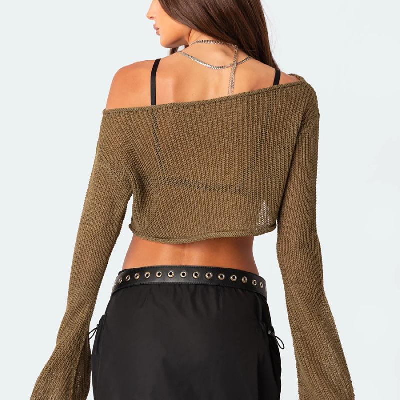 Damen Häkel-Strick-Crop-Top Y2k Langarm Kurzer Pullover Shrug Off Shoulder Hollow Out Strickoberteile