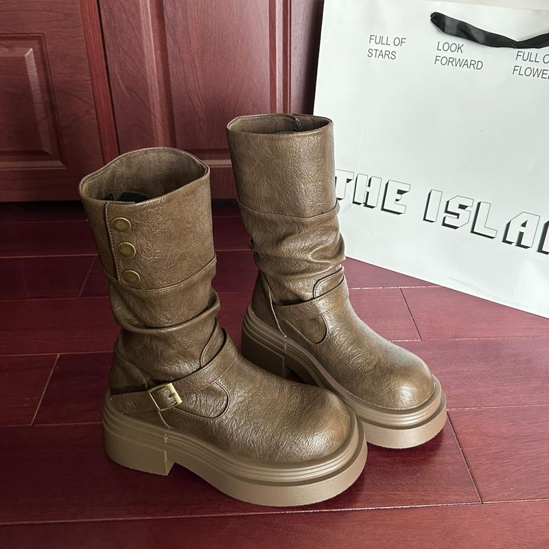 

Дизайн Зимняя Платформа Толстая Подошва Женские Рыцарские Сапоги Мода Пряжка на Ремне Слипоны Сапожки до Середины Икры 35 коричневый