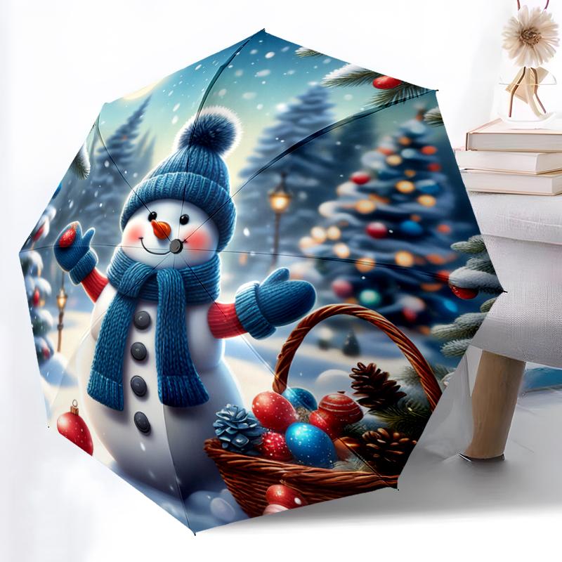 1pc Sturdy 8-Bone Auto Umbrella, Adorable Snowman Umbrella, Digital Printed, Foldable Umbrella for On-the-Go Outdoor Use