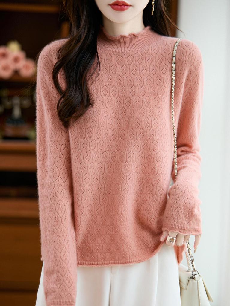 Women's Wool Knit Sweater with Ruffled Collar - Fern Tail Design, Slimming Loose Fit, Soft Half-High Collar