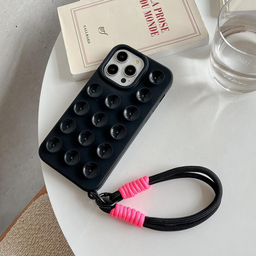 Fashion 3D Cute Candy Liquid Silicone Suction Cup Case For iPhone 16 15 14 Plus 11 12 13 Pro Max Soft Lanyard Wrist Strap Cover
