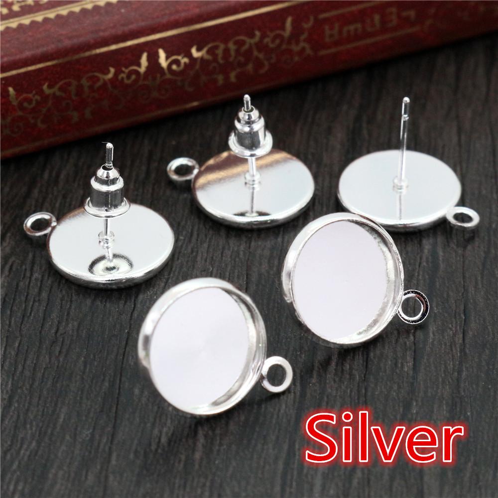 12mm 30pcs Rhodium Brone Gold Silver Plated Stainless Iron Earring Studs(with Ear Plug) Base,Fit 12mm Glass Cabochons