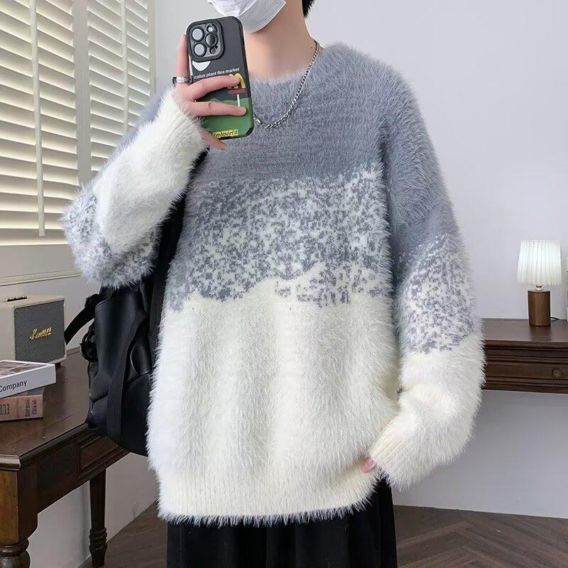Men's Warm Gradient Mink Velvet Sweater - Half-High Collar, Casual Versatile Knitwear for Autumn/Winter
