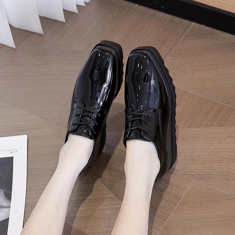 Versatile Platform Muffin Shoes 2025 Autumn British Style Square Head Patent Leather Wedge Single Women's Leisure  HZB