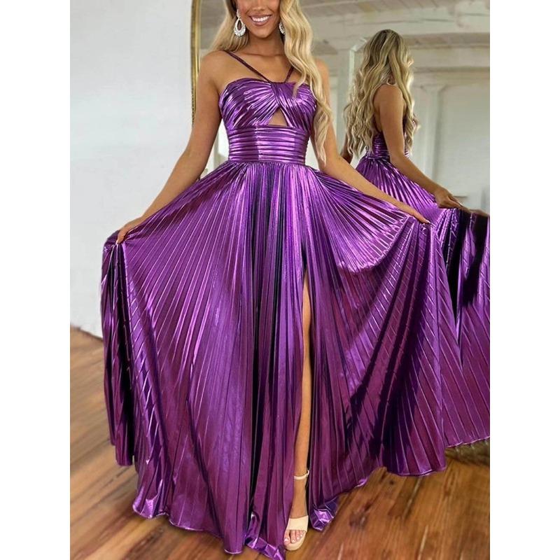 Women's Halter Neck Dress Sexy Evening Dress Slit Sleeveless Golden Backless
