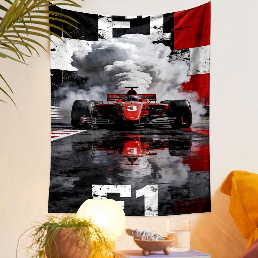 Wall Tapestry - Formula 1 Red Race Car Burnout Smoke Checkered Poster for Dorm Room