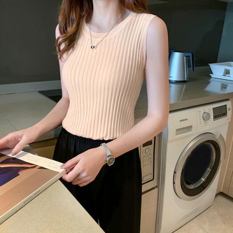 Gilet à bretelles femme printemps et été nouveau ajusté sans manches tricoté basique T-shirt à col rond élastique avec haut