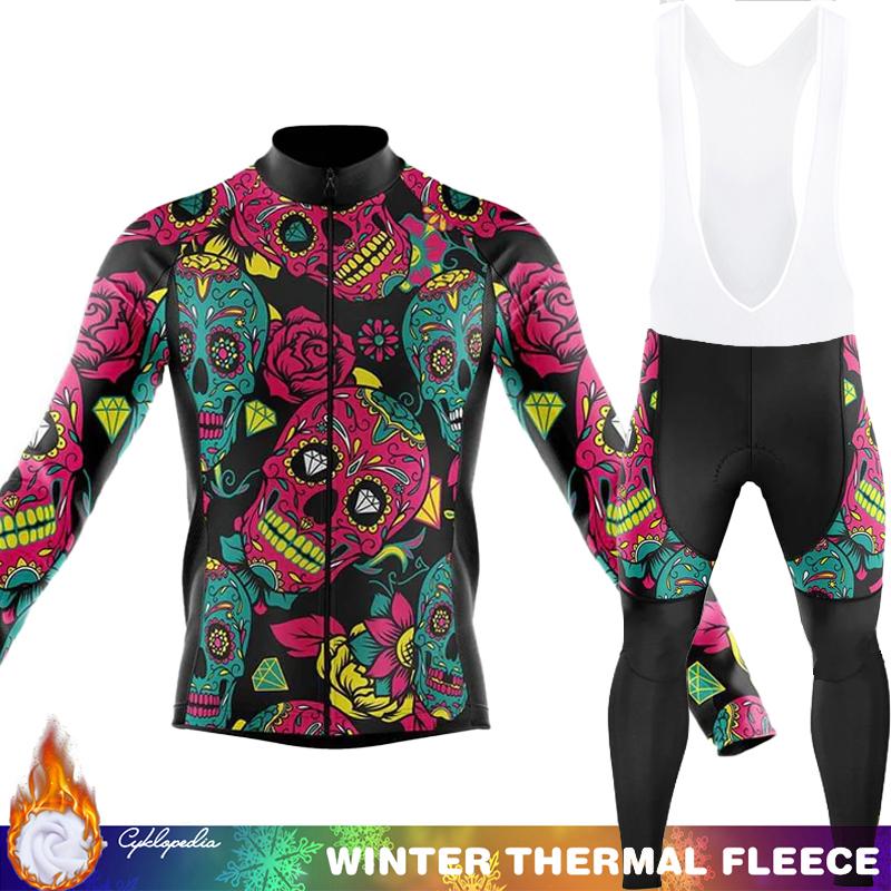 Men's Cycling Pants Fleece Jersey Skull Sets Long Sleeve Thermal Shirt Mens Clothes Clothing Winter Man Outfit Suit Termal Retro