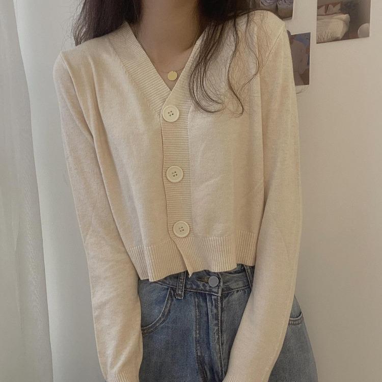 

Жіночий трикотажний кардиган з V-подібним вирізом, пуловер з довгим рукавом, маленький, свіжий, однотонний, одного розміру, весняно-осінній верхній одяг, топи, однобортний на ґудзиках OneSize абрикосовий