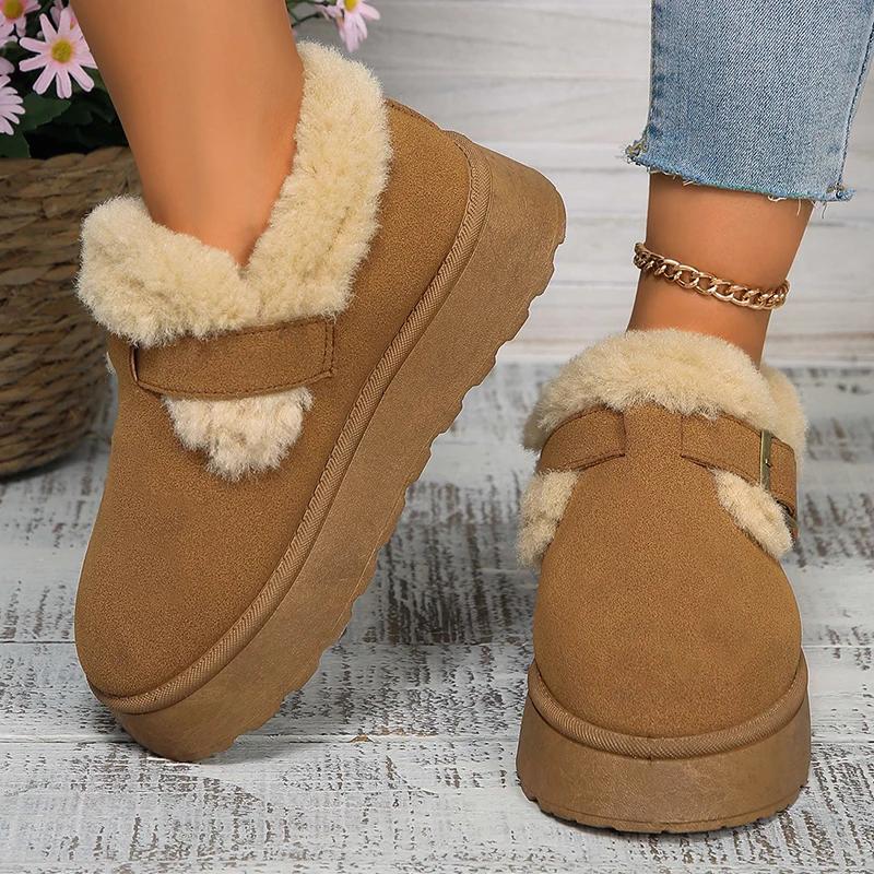 Autumn Winter Women Plush Snow Boots Shallow Buckle Thick Bottom Warm Boots Big Size 43 Suede Fur Flat Platform Cotton Shoes