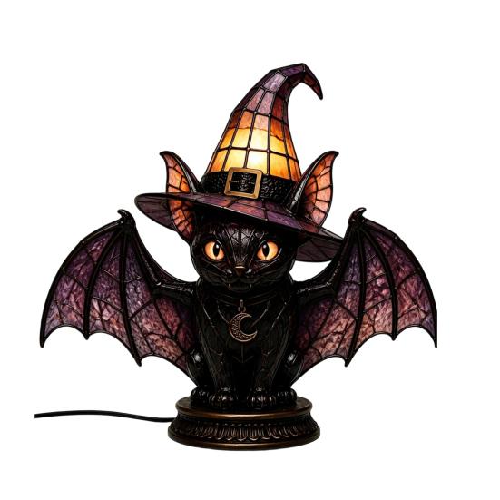 Gothic Bedroom Decor Stained Glass Witch Hat Lamp, Halloween Black Cat Ghost Raven Night Vintage Style Light Light, Retro Resin Table Lamp for B