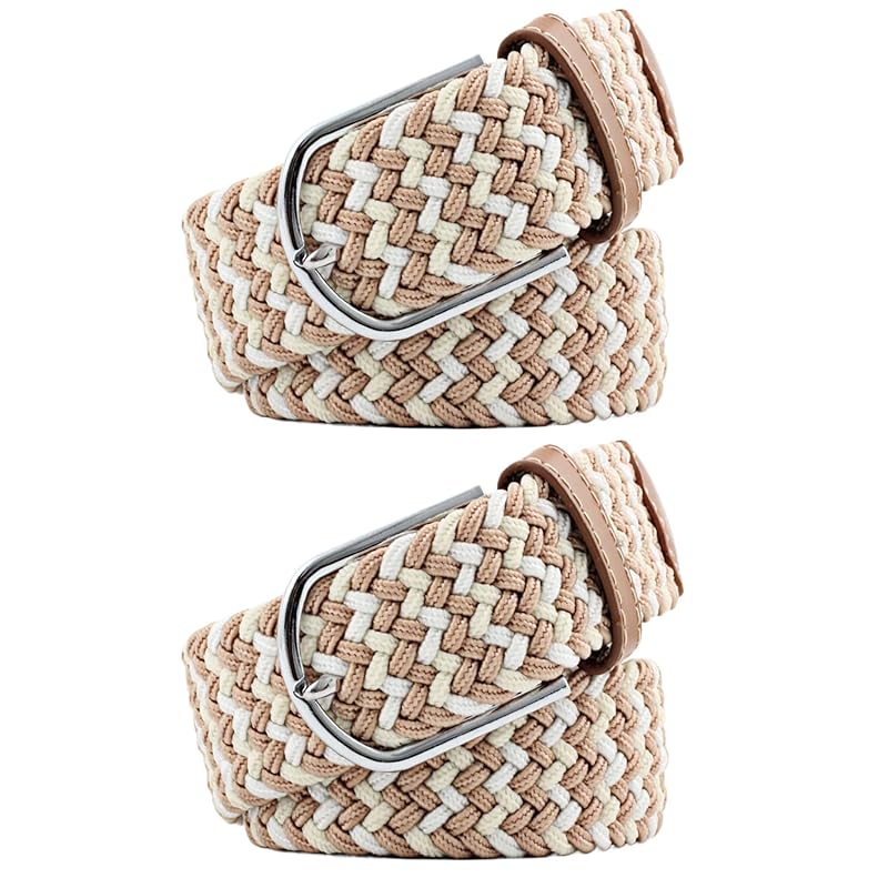 

[RAKUKOU] belt men s mesh belt Set of 2 Free size adjustment braid ladies elastic belt extend casual business gentleman (khaki beige white, 105CM)