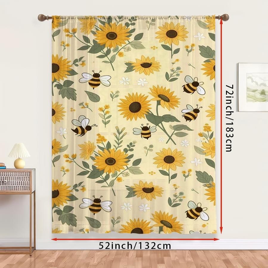 1PC Sheer Curtain Sunflower Bee Cartoon Yellow Print, Rod Pocket Window Curtain for Living Room Bedroom Kids Decor