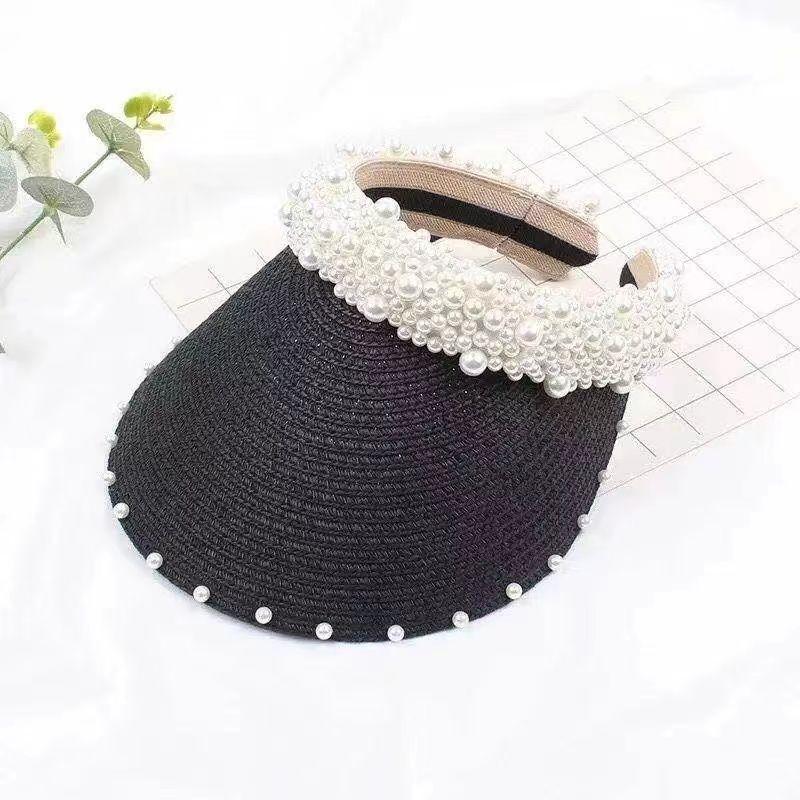 Hat women's summer new face small pearl empty top hat spring and summer cap fashion sunscreen cap breathable sun hat
